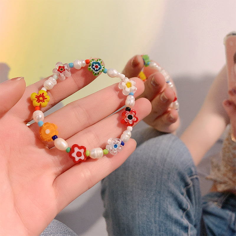 Women's Fashion Colorful Glass Flower Beaded Bracelet