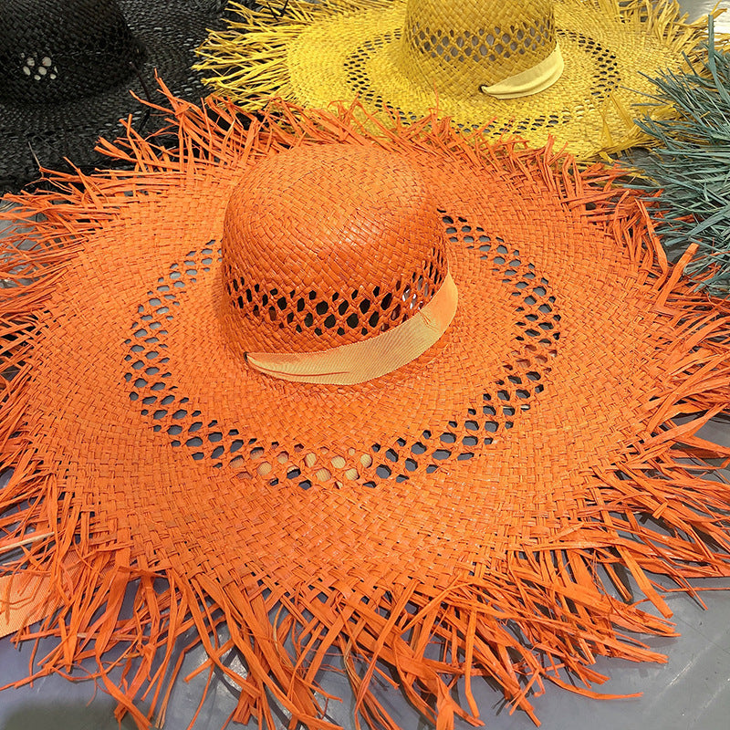 Tassel Big Brim Raffia Hat Colorful Sunshade