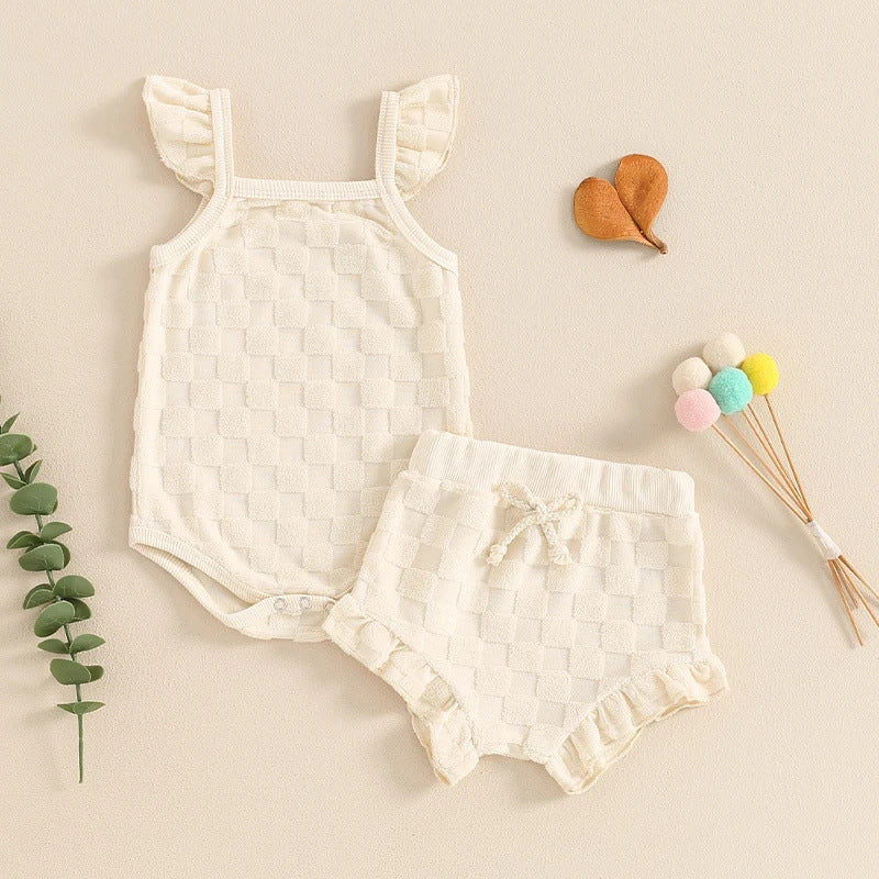Girls' Solid Color Chessboard Plaid Style Lace Sling Romper Casual Shorts Suit