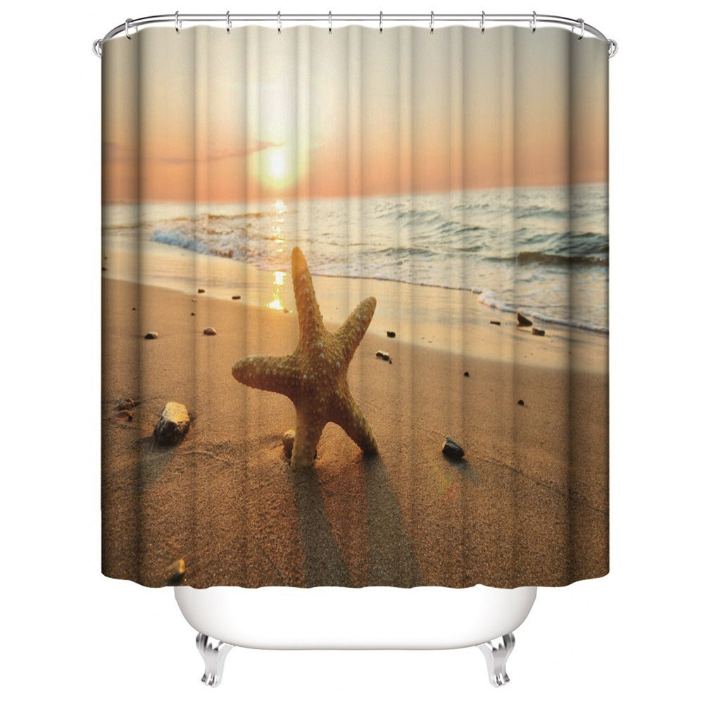 Beach Shell Printed Shower Curtain Carpet Bathroom Mat Four Piece Set
