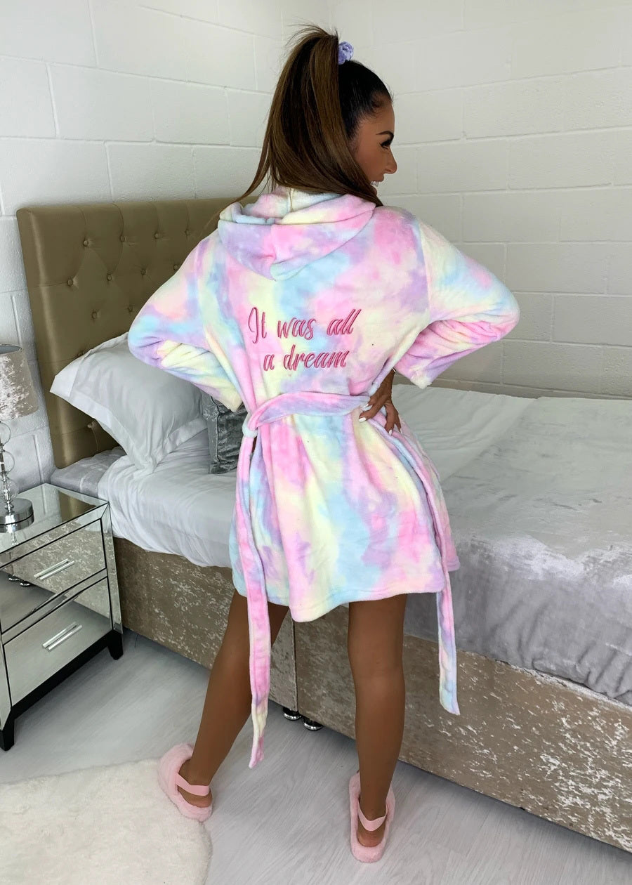 Leopard Tie Dye Printed Lace-up Hooded Bathrobe Long Sleeve