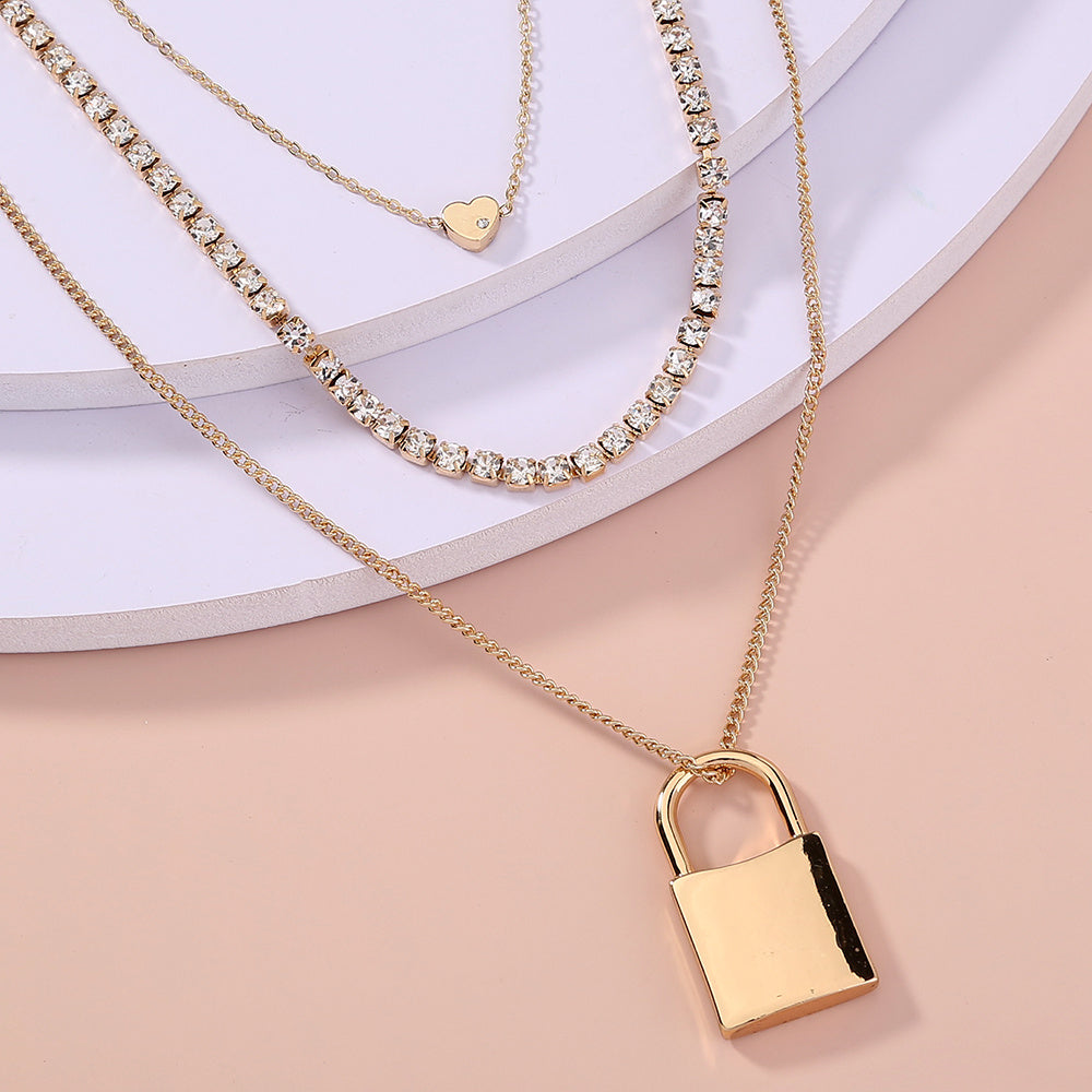 Fashion exaggerated personality lock pendant multi-layer Diamond Gold Necklace woman