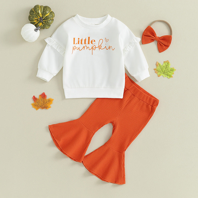 Children Ruffles Sleeve Sweater Sunken Stripe Cotton Bell-bottom Pants Suit