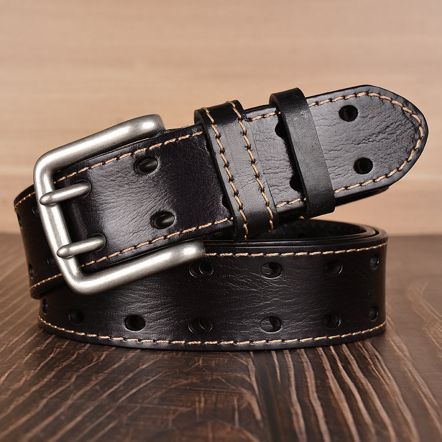 Ceinture en cuir de vachette première couche à double boucle ardillon Ceinture de mode Ceinture en cuir de vachette pour hommes Ceinture décontractée en jean pour hommes