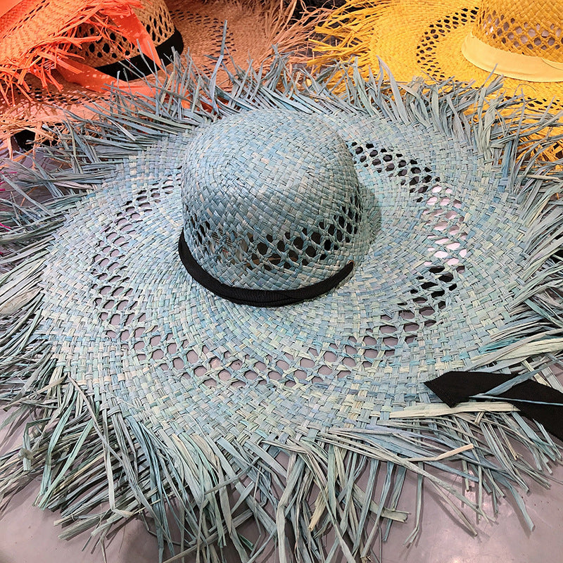 Tassel Big Brim Raffia Hat Colorful Sunshade