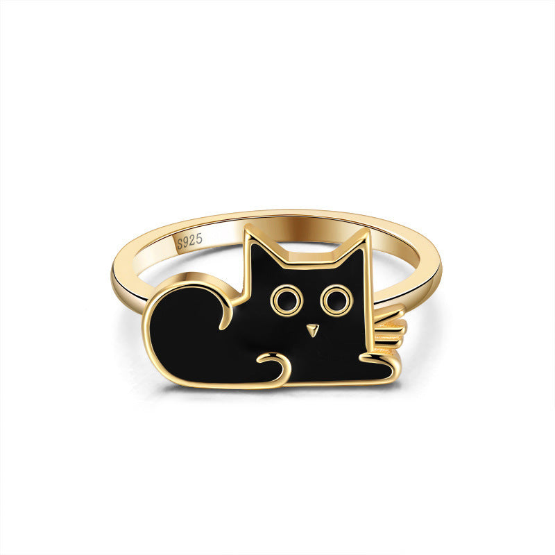 Cartoon black cat sterling silver ring