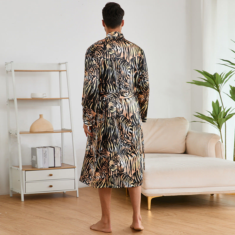 Men's Robes Fashion Ice Silk Bathrobe Homewear Set Pajamas