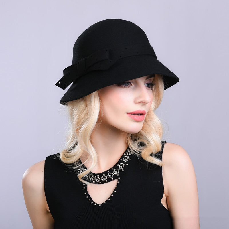 Women's Woolen Perforated Bow Top Hat