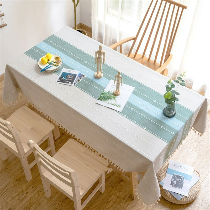 Nappe chinoise en coton et lin à rayures et pompons, pour la maison