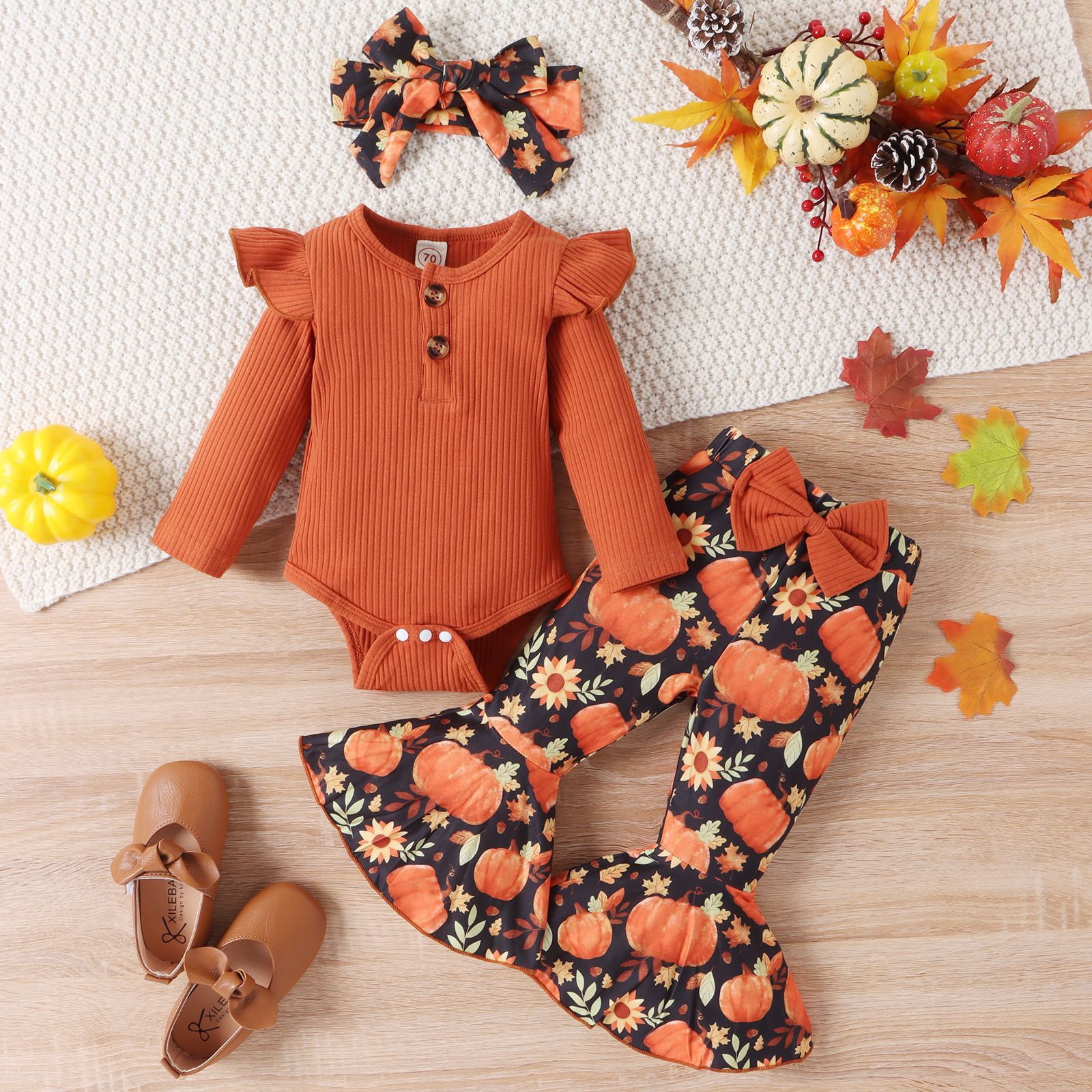 Halloween Autumn And Winter Infant Long-sleeve Jumpsuit Pumpkin Print Flared Pants Hair Band Girls' Suit
