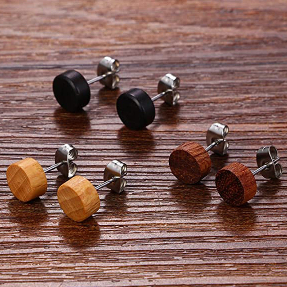 Log Hip Hop Rock Round Hipster Wood Stud Earrings