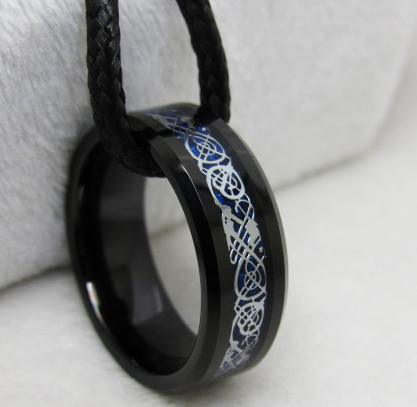 Tungsten Gold Ring Eight Wide Batch Edge Electric Black Inlaid Blue Background Silver Dragon Piece Ornament