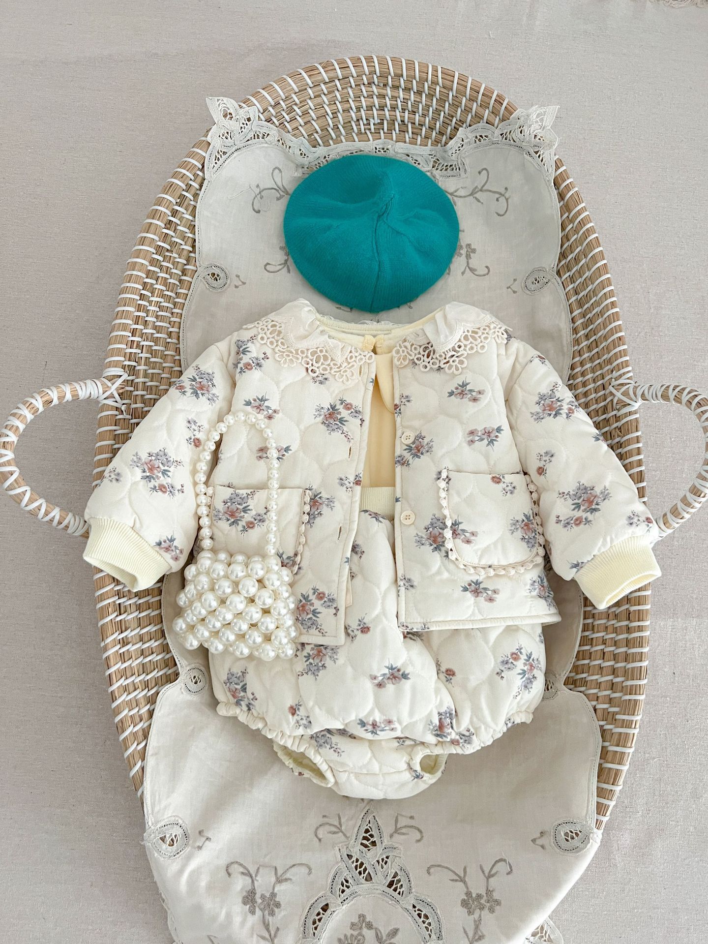 Winter Korean Style Baby Girl Floral Suit Lace Pocket Strap Romper Outwear Warm Two-piece Suit