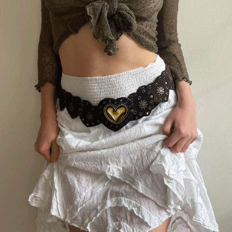 New Retro Heart Buckle Stitching Belt Design Ethnic Style