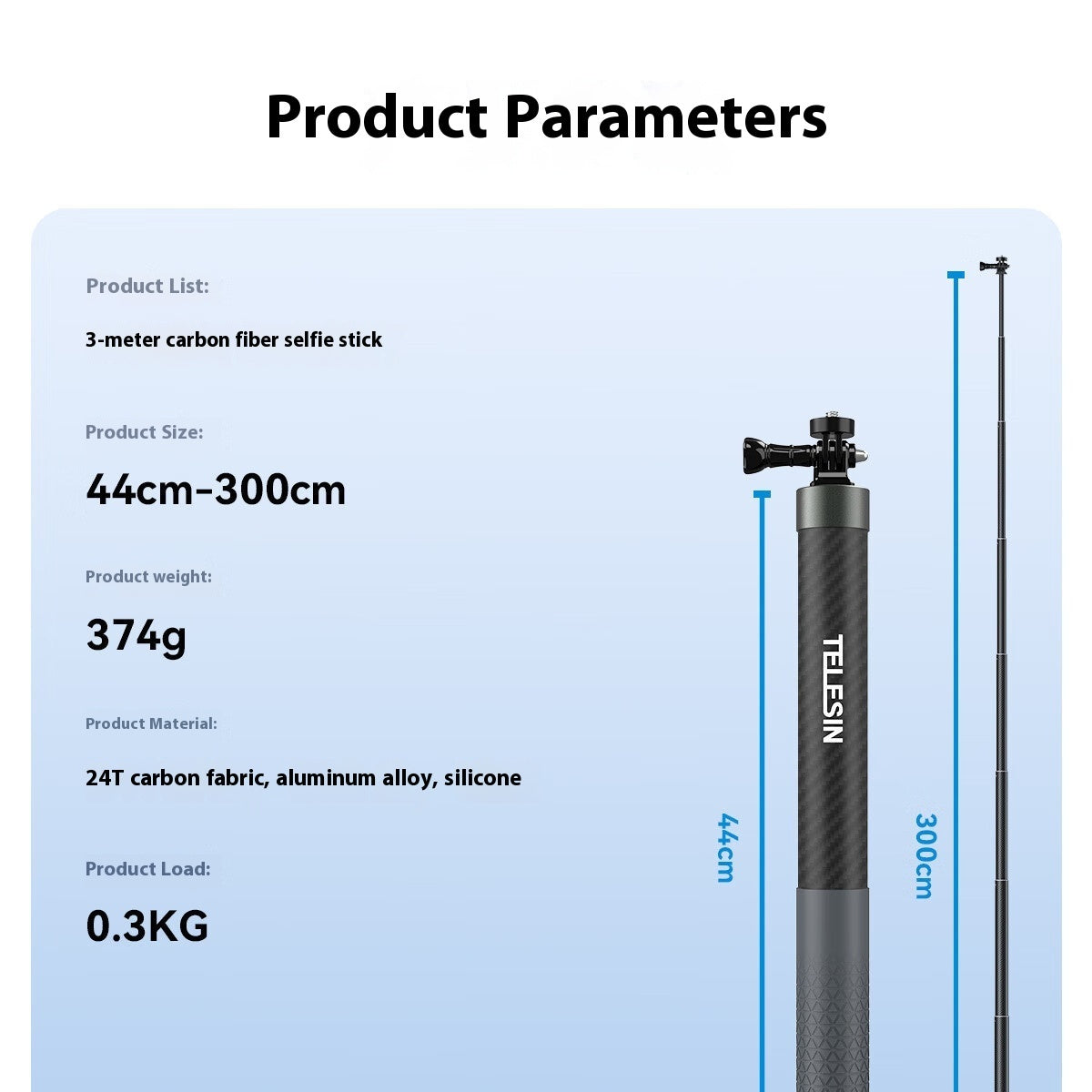 3 M Carbon Fiber Super Long Invisible Selfie Stick