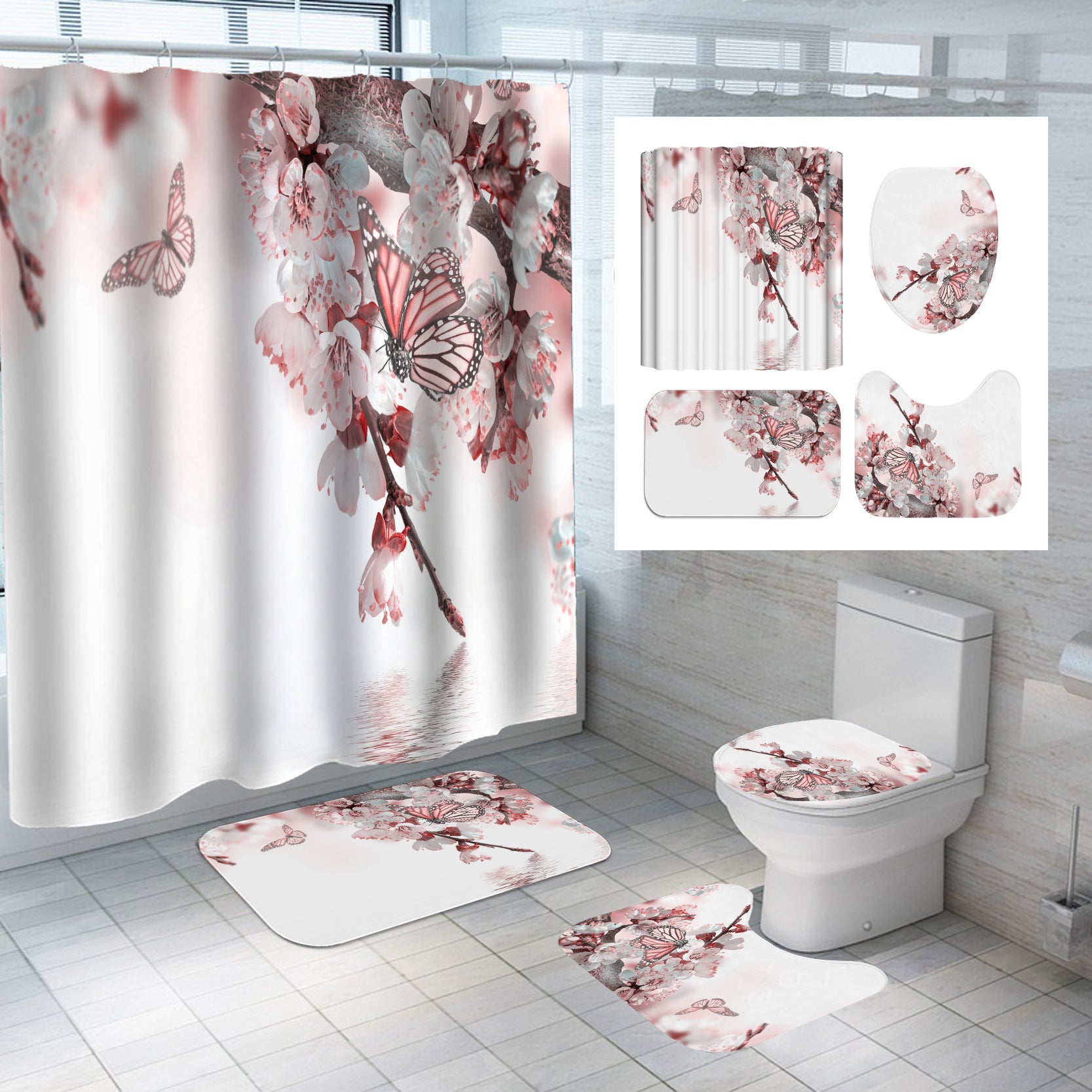 Digital Printing Polyester Shower Curtain Bathroom Pansy Reflection