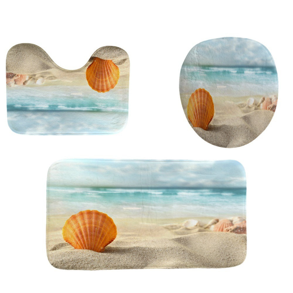 Beach Shell Printed Shower Curtain Carpet Bathroom Mat Four Piece Set