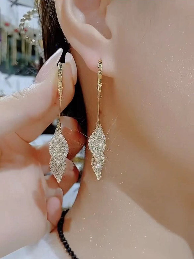 New Trendy Style Full Of Diamond Leaves Tassel Earrings Versatile For Women