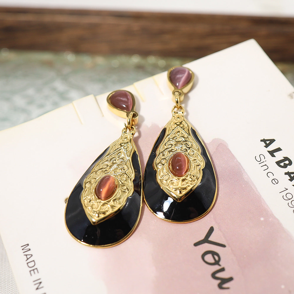 18K Gold-plated Titanium Steel Water Drop Exaggerated Earrings Carved Texture Inlaid Opal Stone Ear Studs