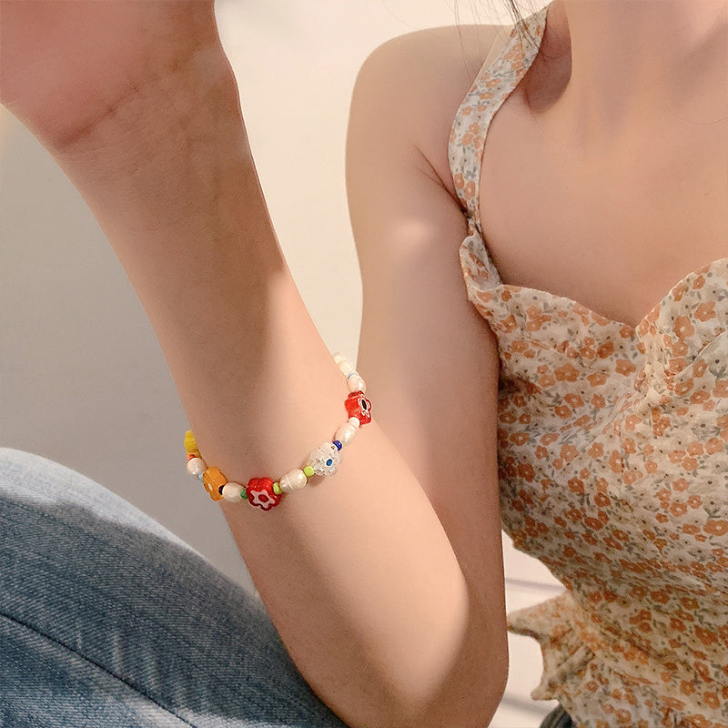 Women's Fashion Colorful Glass Flower Beaded Bracelet