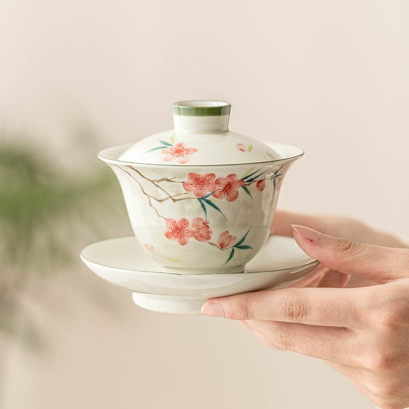 Hand Painted Peach Blossom Sancai Gaiwan Tea Cup