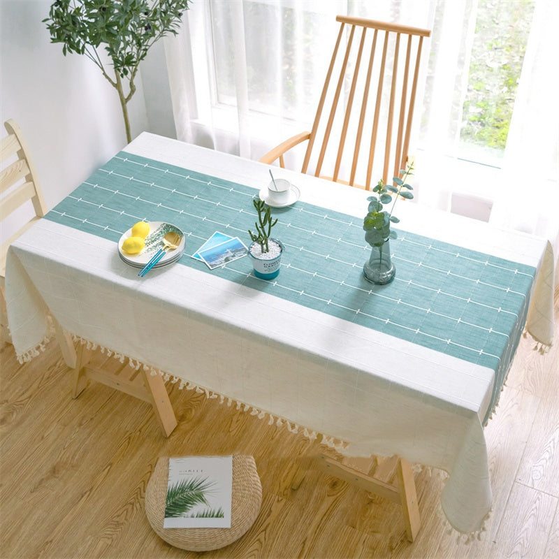 Nappe chinoise en coton et lin à rayures et pompons, pour la maison