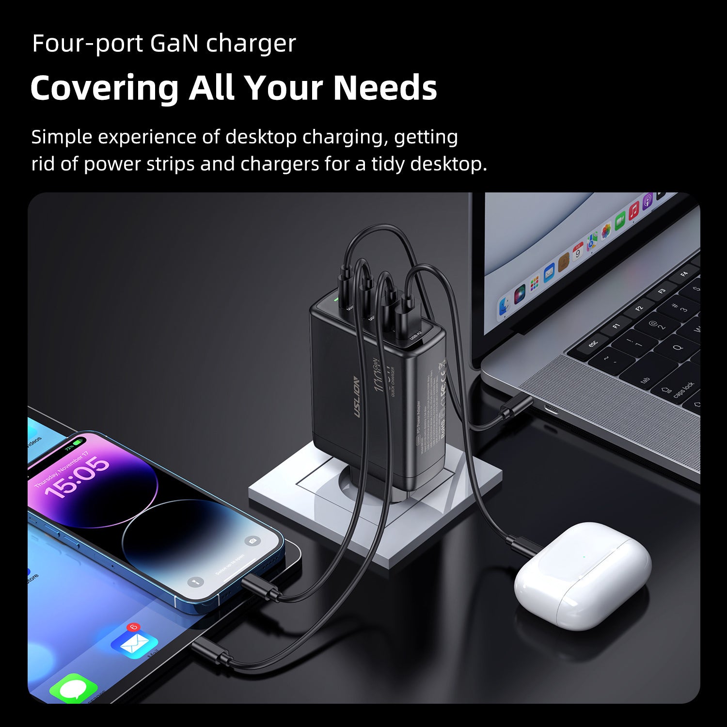 Chargeur à charge rapide 4 ports en nitrure de gallium 100 W