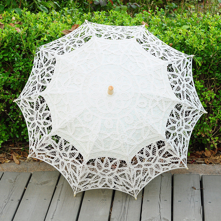Classical Princess Dance Embroidered Crocheted Sun Umbrella Wooden Handle Straight Rod Hoisting