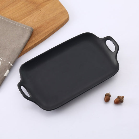 Japanese simple double ear baking tray, home ceramic tableware, matt glaze, rectangular plate, dessert plate