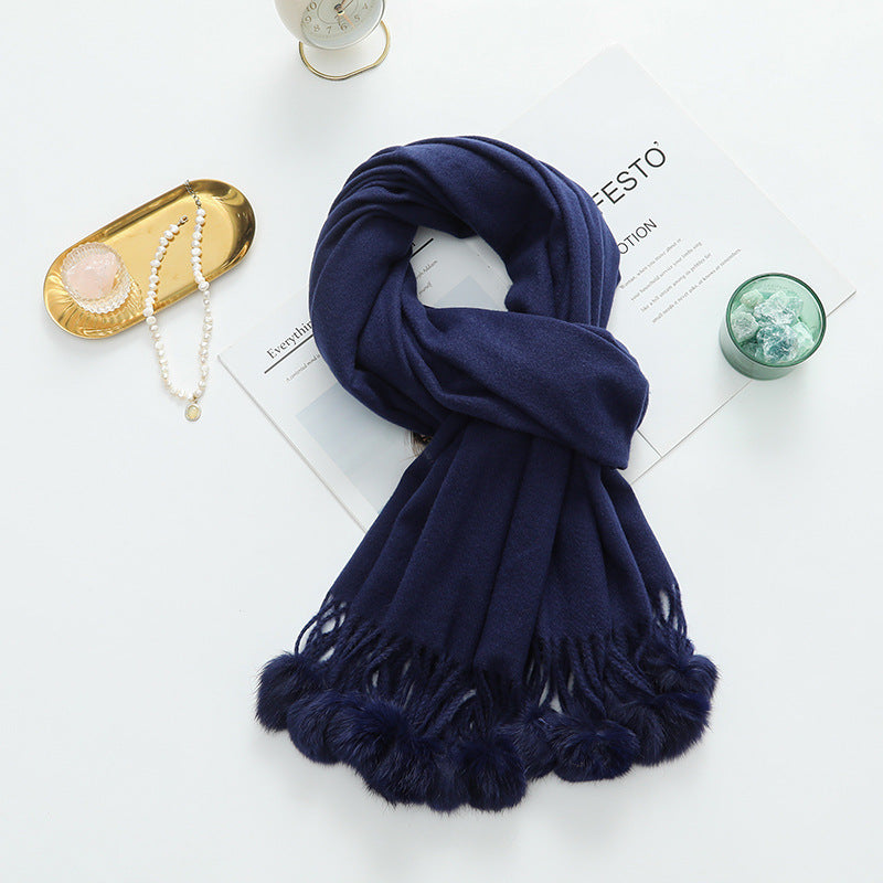Versatile New-Style Womens Cape With Pompoms Cashmere And Wool Scarf