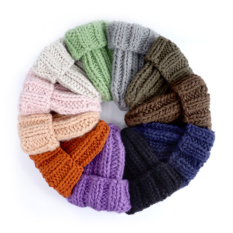 Knit Hat Ladies Pure Color Simple Coarse Wool Warm Earmuffs