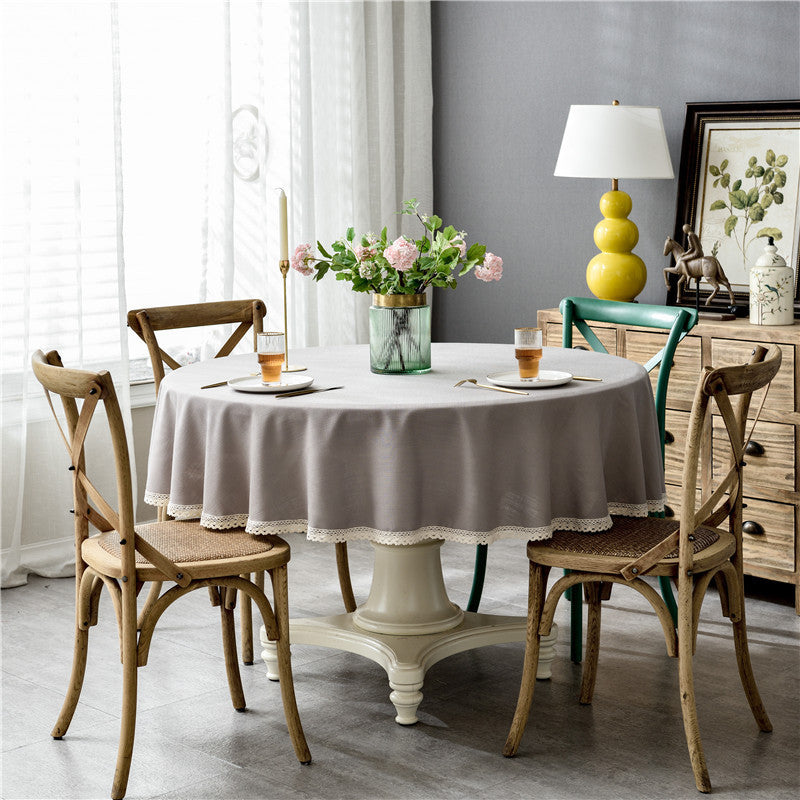 Waterproof Solid Color Faux Cotton Linen Lace Round Dining Tablecloth