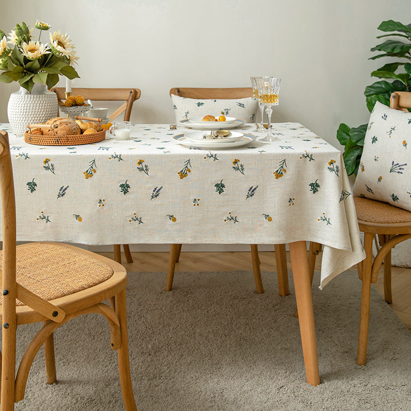 Home Rectangular Embroidered Pastoral Linen Cotton Tablecloth