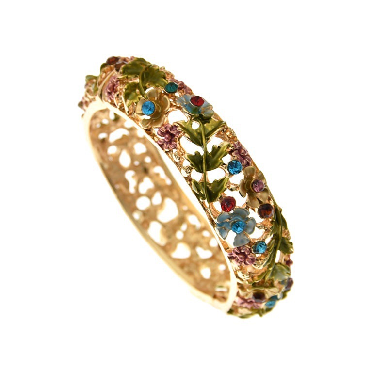 Retro Rose Diamond Studded Hollow Alloy Cloisonne Antique Painted Bracelet For Women