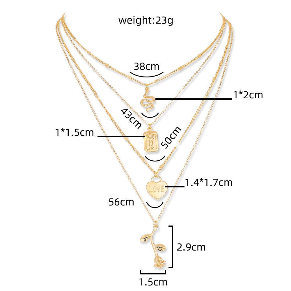 Creative multi-element rose pendant multi-layer necklace