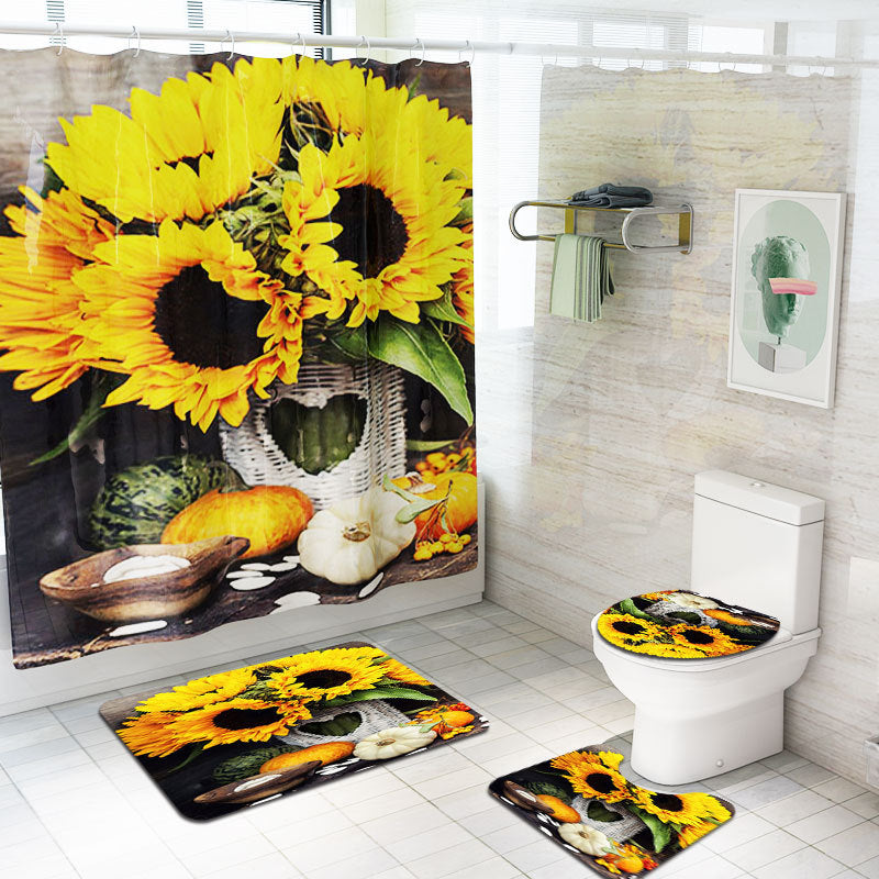 Sunflower Printed Shower Curtain Floor Mat Four-Piece Set