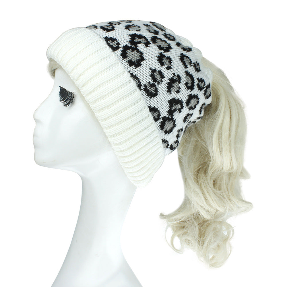 Warm And Fashionable Outdoor Leopard Print Knitted Ponytail Hat