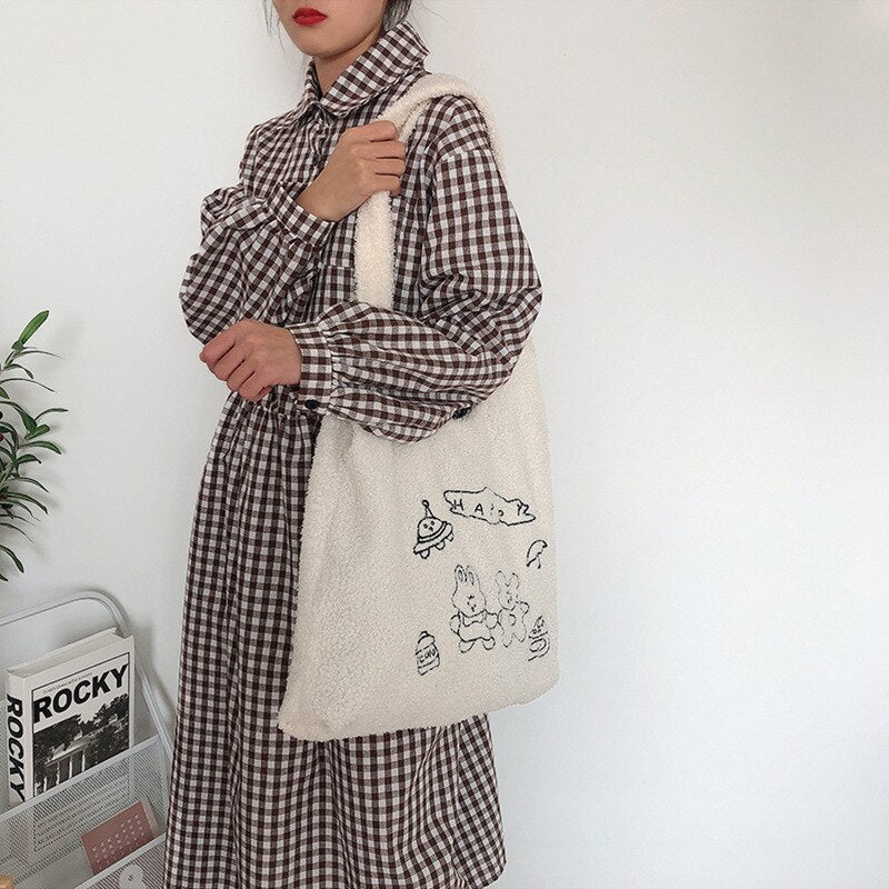 Plush Embroidery Large Capacity Leisure Shopping Bag