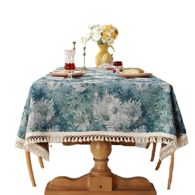 Terylene Jacquard Oil Painting Blue Tassel Rectangular End Table Tablecloth