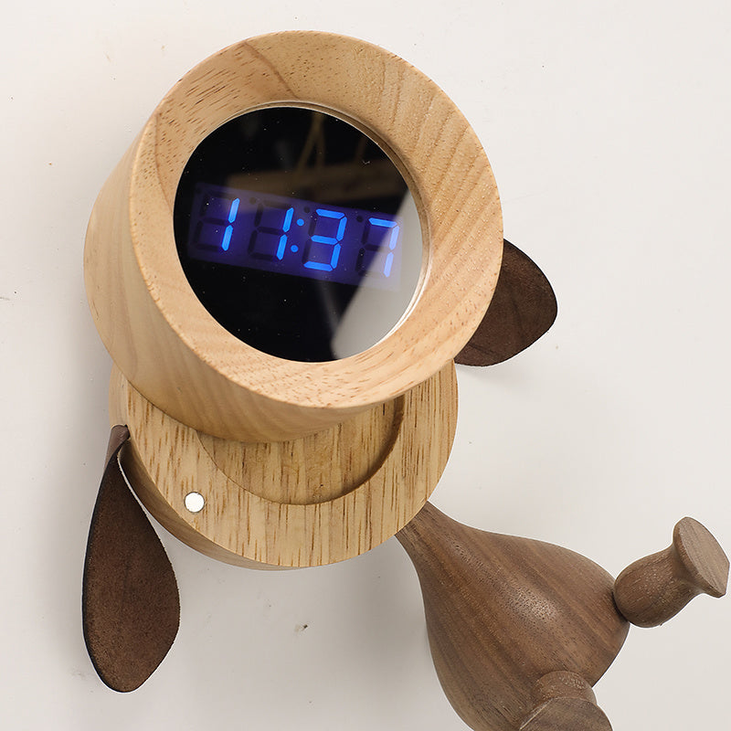 Solid Wood Cute Puppy Alarm Clock Gift Desktop Charging Creative