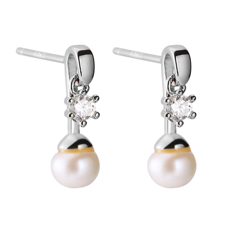 925 Sterling Silver Natural Pearl Zircon Stud Earrings For Women