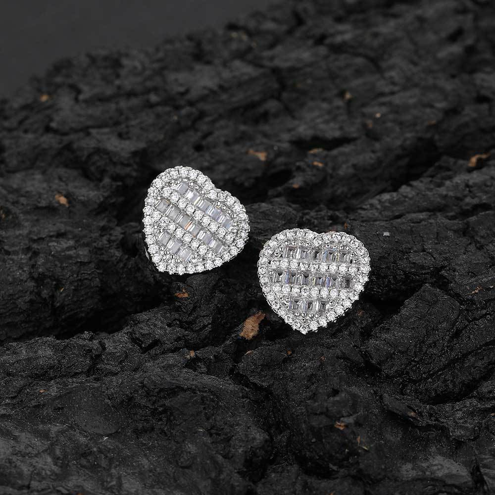 Hip Hop Square And Round Mix Inlaid Zircon Love Heart Stud Earrings