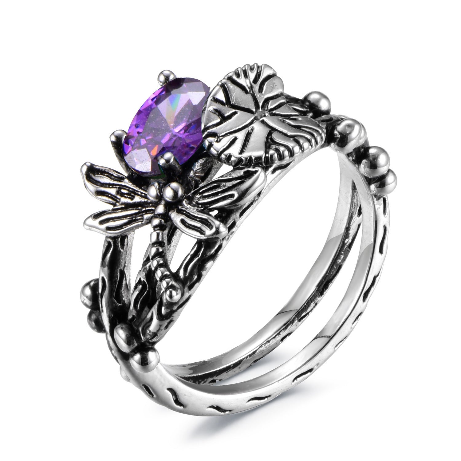 Hot, creative, dragonfly, lotus ring, female, European and American retro Thai silver inlaid topaz rings.