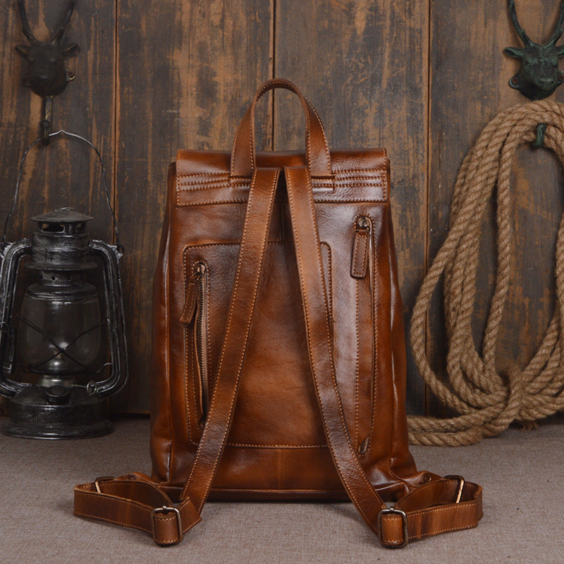 Men's fashion head layer leather, vegetable tanned leather bag, hand polishing color, personalized lady backpack, large capacity computer bag