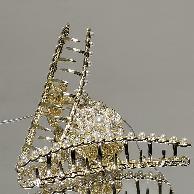 Metal Pearl And Diamond Camellia Shark Clip