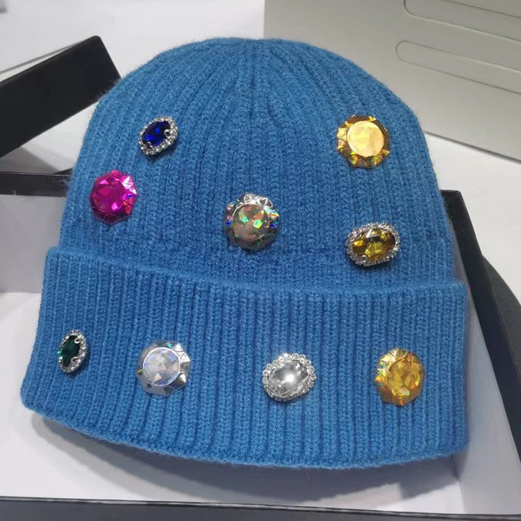 Hand-drilled Gem Rhinestone Hat Women's All-match Knitting