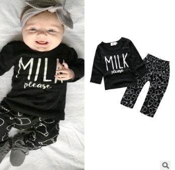 European and American baby clothes spring and autumn long-sleeved T-shirt letter print stripe set