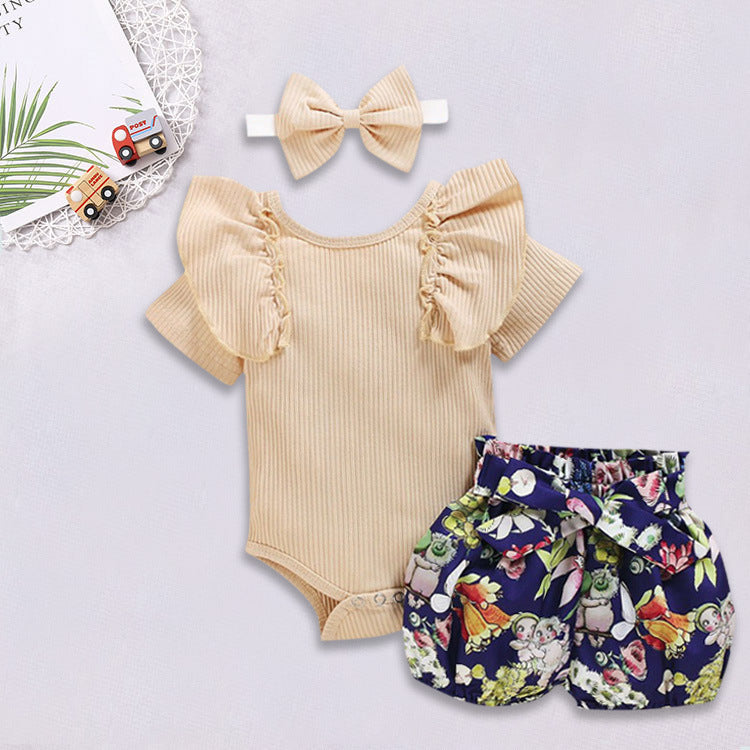 Pit striped top flower print shorts baby bodysuit