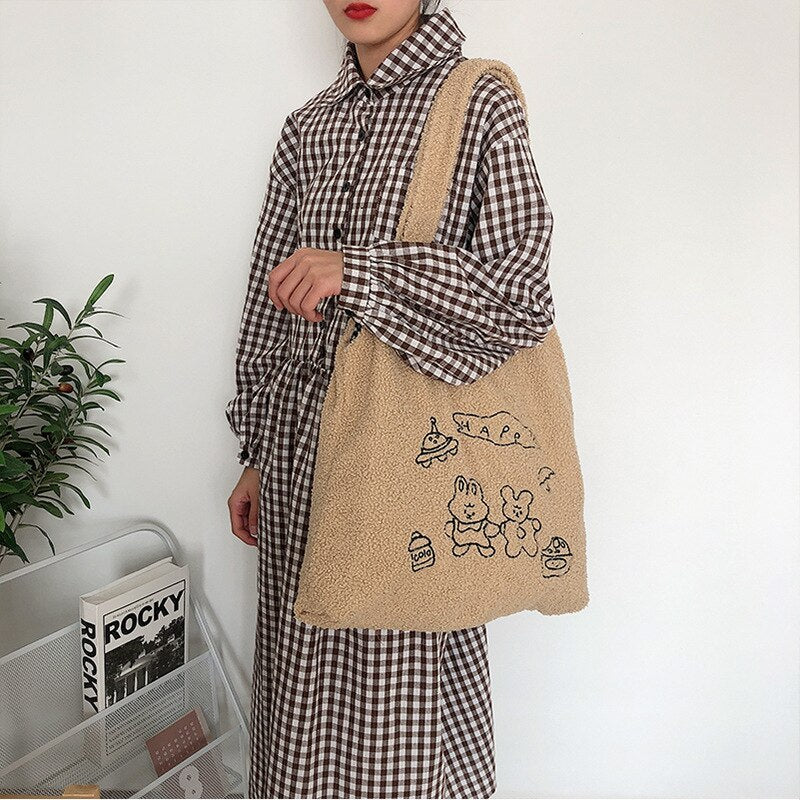 Plush Embroidery Large Capacity Leisure Shopping Bag