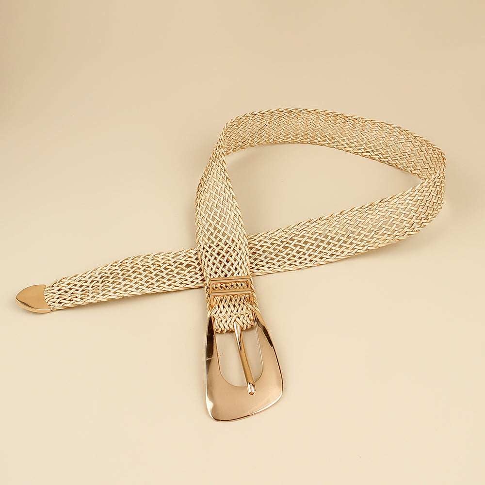 Summer New Ladies Belt PP Grass Gold Hand-woven Belt with Irregular Metal Buckle Waist Seal